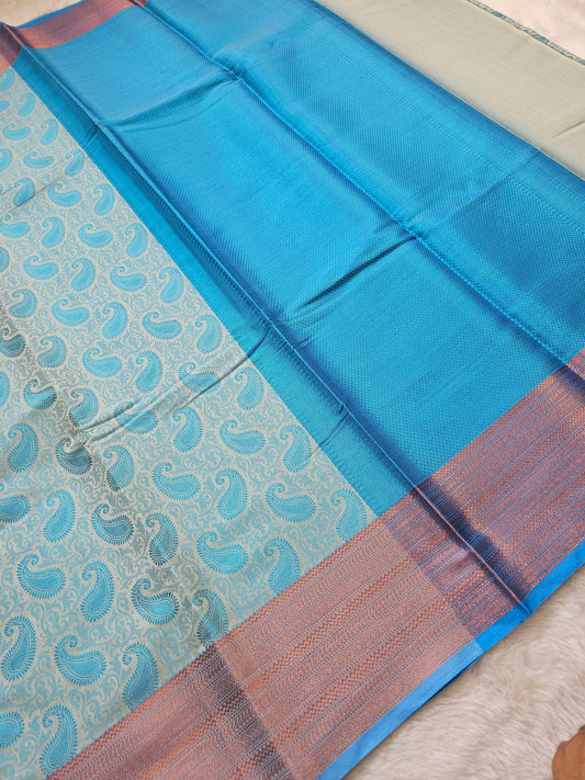 Banarasi Premium Cotton Saree with Sky Blue Paisley Woven Pallu & Copper Zari Border