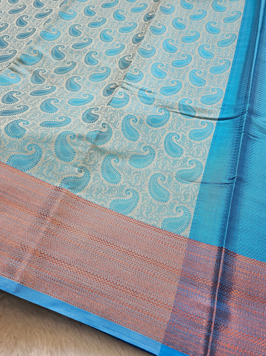 Banarasi Premium Cotton Saree with Sky Blue Paisley Woven Pallu & Copper Zari Border