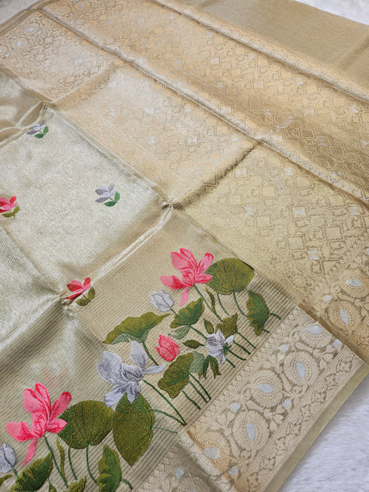 Banarasi Premium Embroidered Tissue Silk Saree with Lotus Floral Embroidery & Rich Zari Pallu