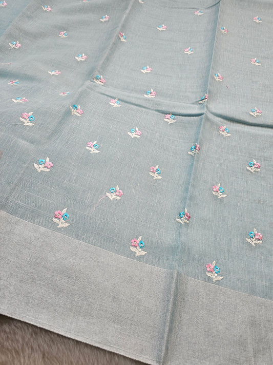 Banarasi Premium Embroidered Linen Silk Saree with Floral Butti Work