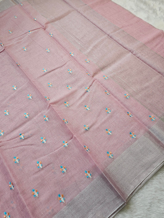 Banarasi Premium Embroidered Linen Silk Saree with Floral Butti Work – Blush Pink