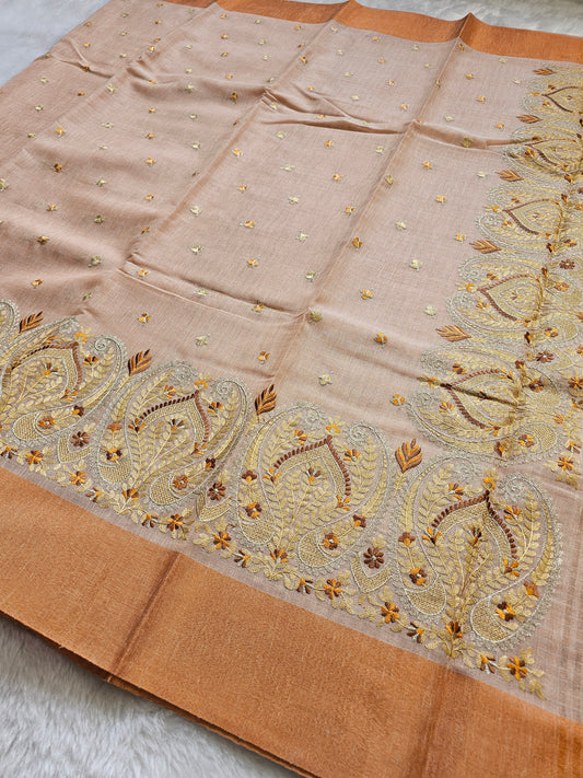Banarasi Premium Embroidered Linen Silk Saree with Paisley Border – Peach