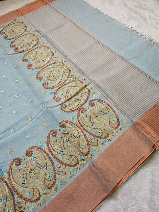 Banarasi Premium Embroidered Linen Silk Saree with Paisley Border – Sky Blue & Peach