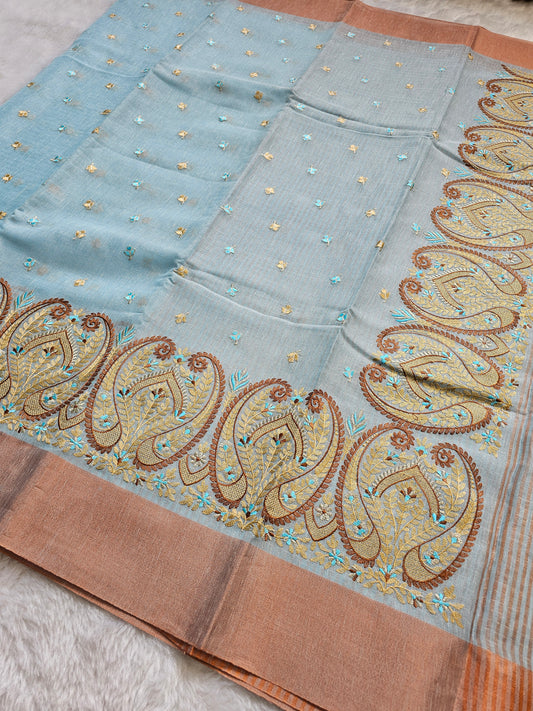 Banarasi Premium Embroidered Linen Silk Saree with Paisley Border – Sky Blue & Peach