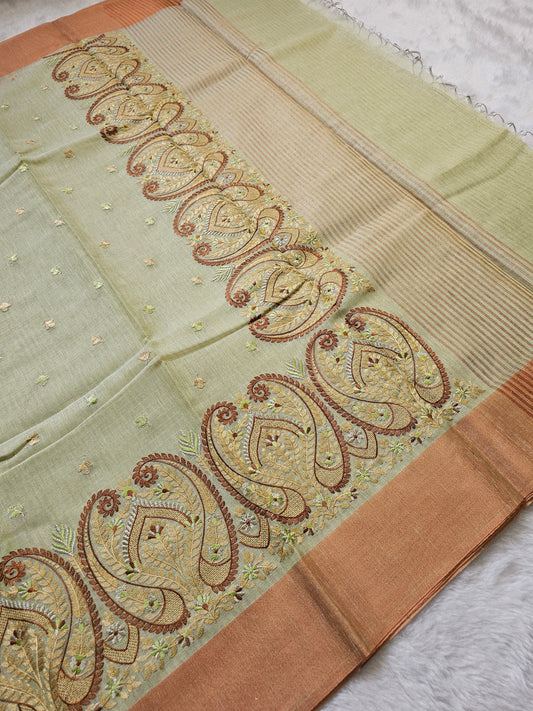 Banarasi Premium Embroidered Linen Silk Saree with Paisley Border – Pastel Sage Green