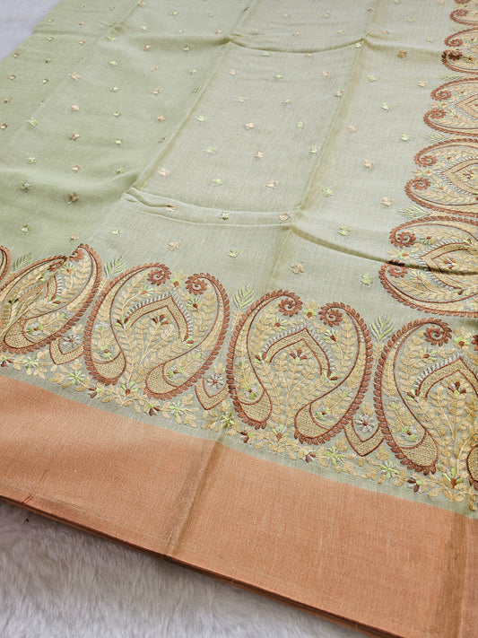 Banarasi Premium Embroidered Linen Silk Saree with Paisley Border – Pastel Sage Green