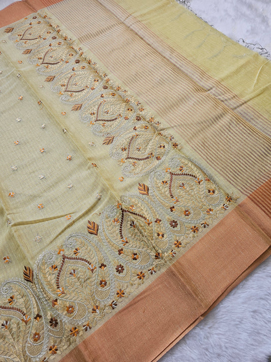 Banarasi Premium Embroidered Linen Silk Saree with Paisley Border – Pastel Sage Green