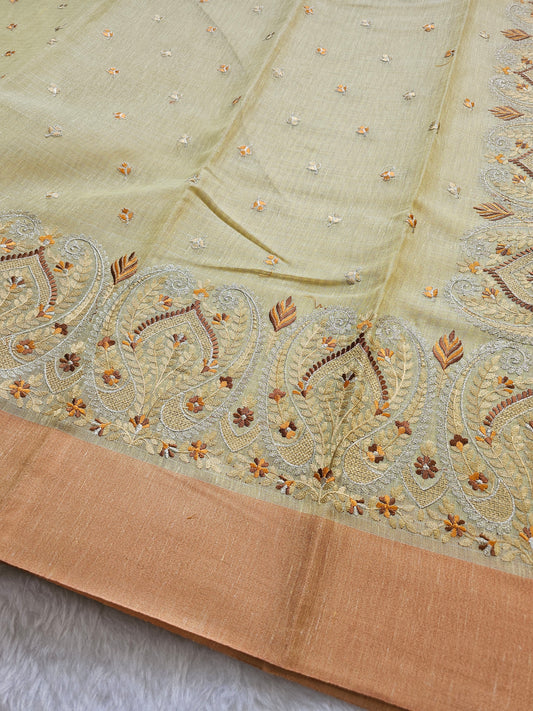 Banarasi Premium Embroidered Linen Silk Saree with Paisley Border – Pastel Sage Green