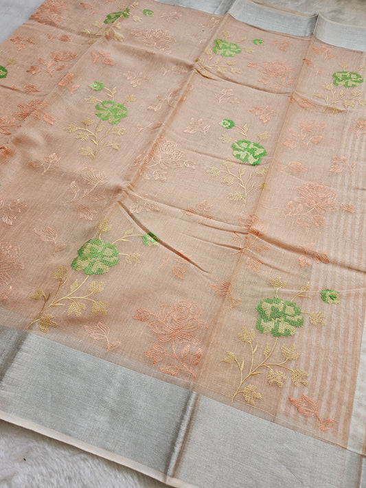 Banarasi Premium Embroidered Linen Silk Saree with Floral Thread Work – Peach & Silver