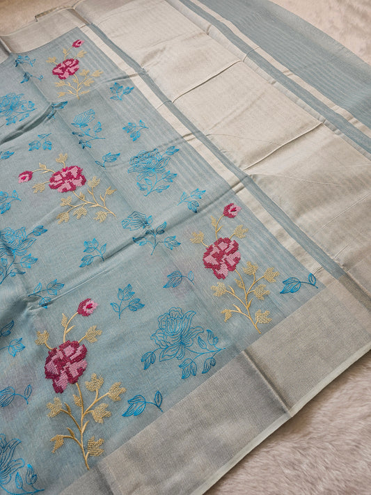 Banarasi Premium Embroidered Linen Silk Saree with Floral Thread Work – Sky Blue & Silver