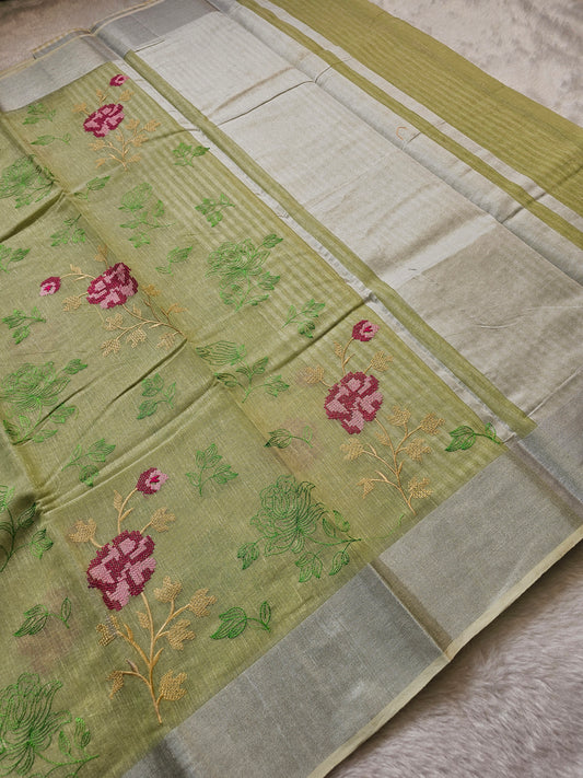 Banarasi Premium Embroidered Linen Silk Saree with Floral Thread Work – Olive Green & Silver
