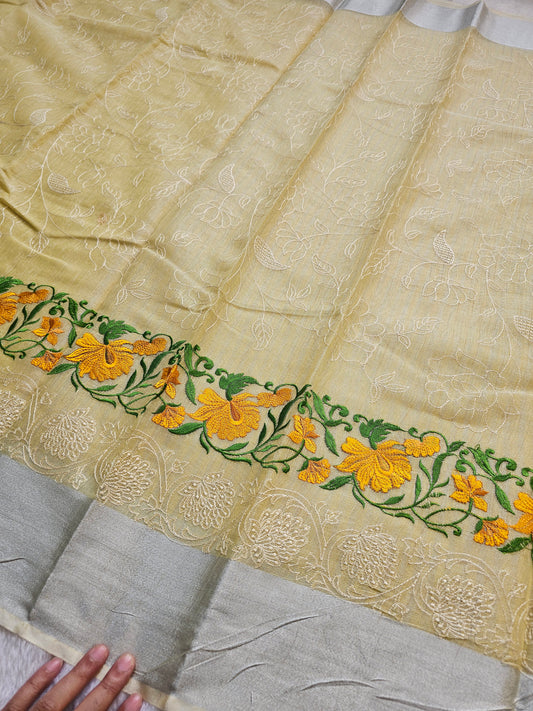 Banarasi Premium Embroidered Linen Silk Saree with Floral Border – Lemon Yellow & Silver