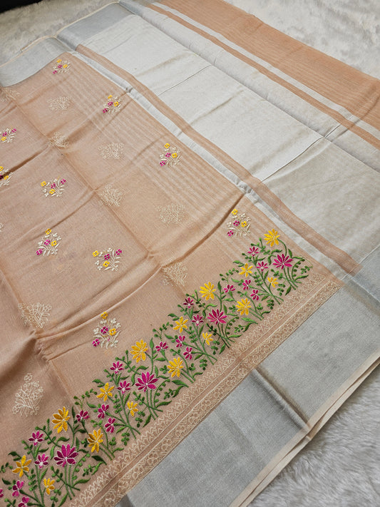 Banarasi Premium Embroidered Linen Silk Saree with Multicolor Floral Border – Beige & Silver