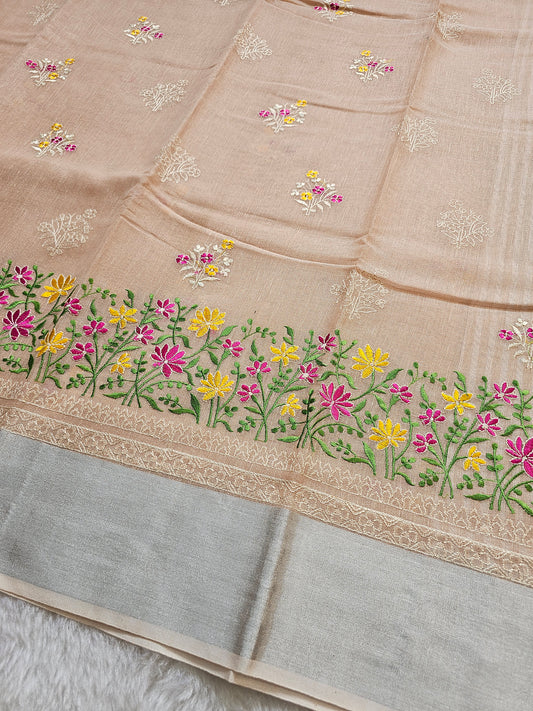 Banarasi Premium Embroidered Linen Silk Saree with Multicolor Floral Border – Beige & Silver
