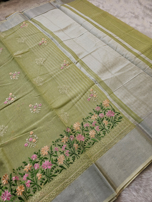 Banarasi Premium Embroidered Linen Silk Saree with Floral Border – Sage Green & Silver