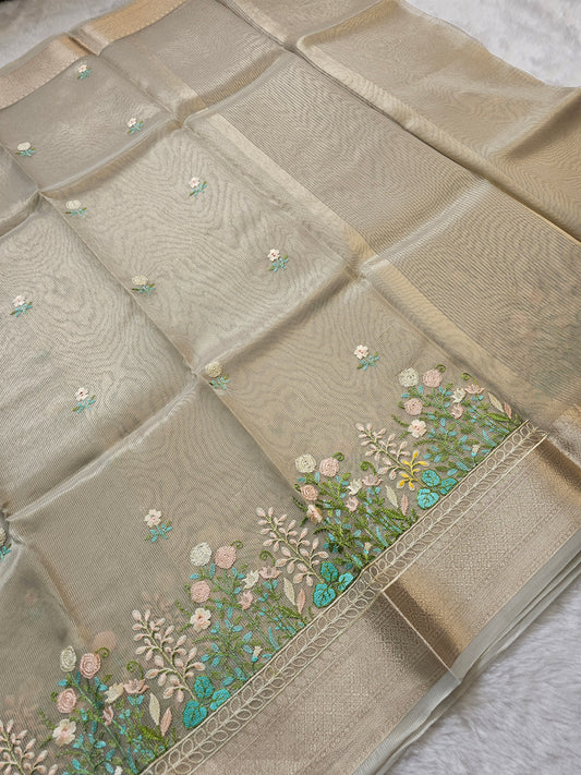 Banarasi Premium Embroidered Tissue Silk Saree with Floral Border – Taupe Grey & Gold