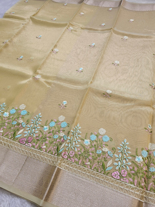 Banarasi Premium Embroidered Tissue Silk Saree with Pastel Floral Border – Golden Beige & Rose Gold
