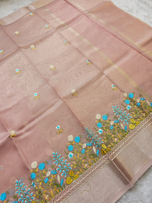 Banarasi Premium Embroidered Tissue Silk Saree with Floral Border – Dusty Pink & Rose Gold