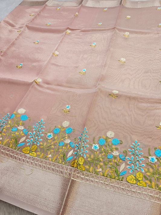 Banarasi Premium Embroidered Tissue Silk Saree with Floral Border – Dusty Pink & Rose Gold