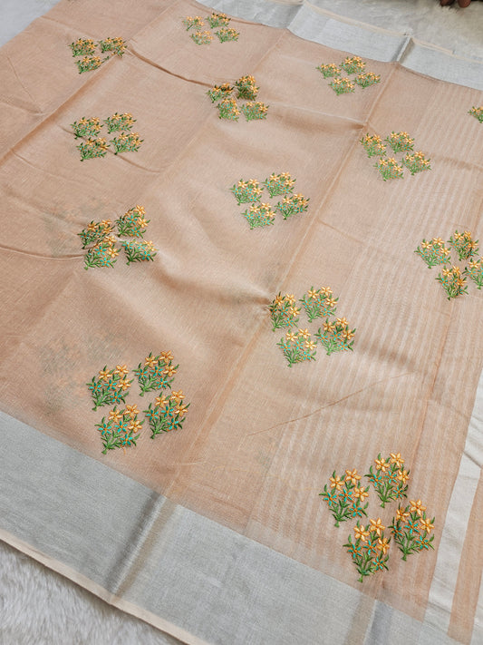 Banarasi Premium Embroidered Linen Silk Saree with Floral Butta – Peach Beige & Silver
