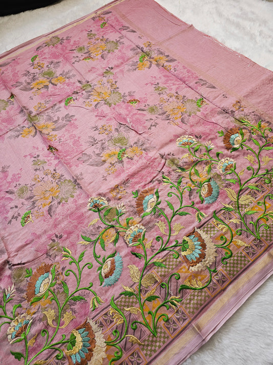 Banarasi Premium Pure Cotton Silk Saree with Floral Print & Embroidered Border – Pink