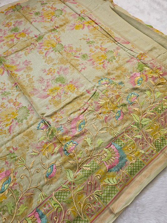 Banarasi Premium Pure Cotton Silk Saree with Floral Print & Embroidered Border – yellow