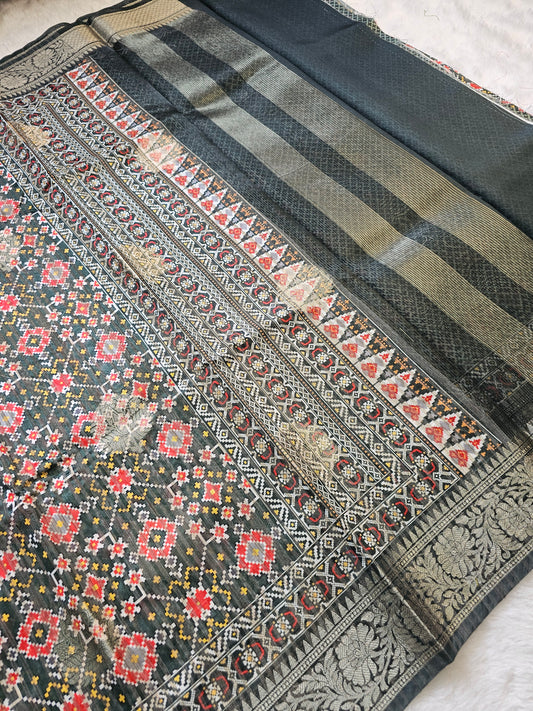 Banarasi Charcoal Grey Printed Cotton Silk Saree with Ethnic Floral Print & Woven Border