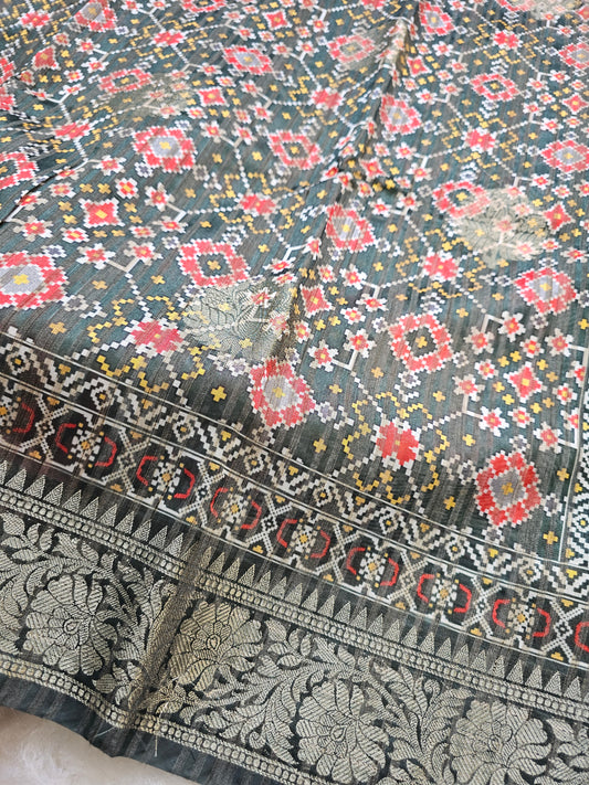 Banarasi Charcoal Grey Printed Cotton Silk Saree with Ethnic Floral Print & Woven Border