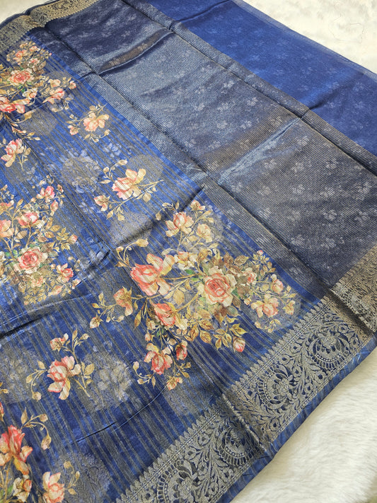 Banarasi Royal Blue Printed Cotton Silk Saree with Floral Print & Silver Zari Woven Border