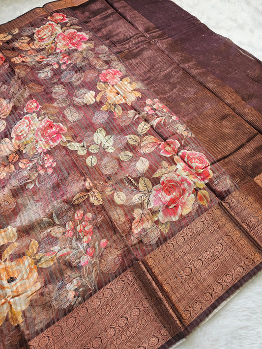 Banarasi Coffee Brown Printed Cotton Silk Saree with Floral Print & Copper Zari Woven Border