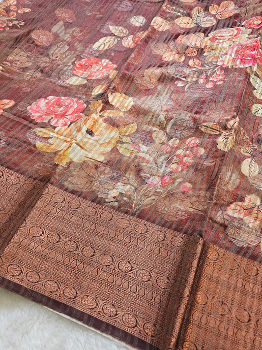 Banarasi Coffee Brown Printed Cotton Silk Saree with Floral Print & Copper Zari Woven Border