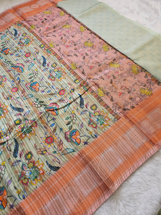Banarasi Pastel Mint Green Printed Cotton Silk Saree with Multicolor Floral Print & Peach Woven Border