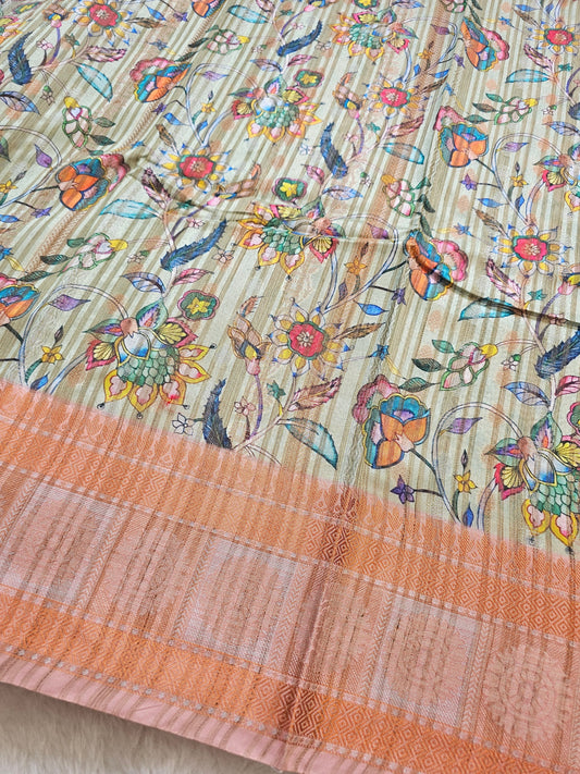 Banarasi Pastel Mint Green Printed Cotton Silk Saree with Multicolor Floral Print & Peach Woven Border
