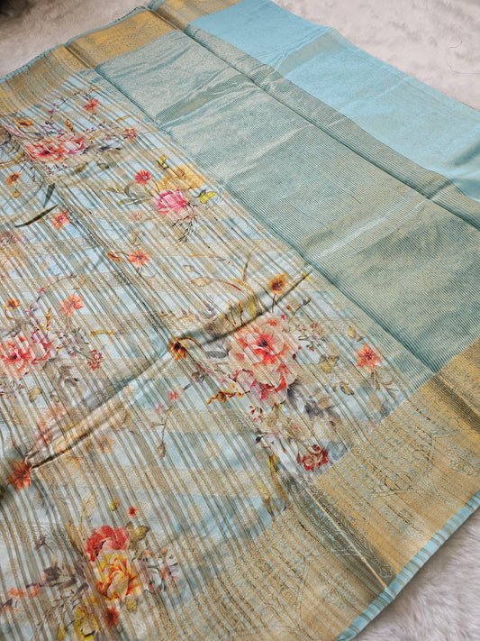 Banarasi Sea Green Printed Cotton Silk Saree with Floral Print & Gold Zari Woven Border