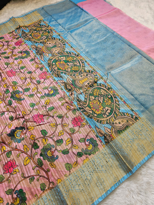 Banarasi Sky Blue & Pink Printed Cotton Silk Saree with Floral Kalamkari Print & Gold Zari Woven Border