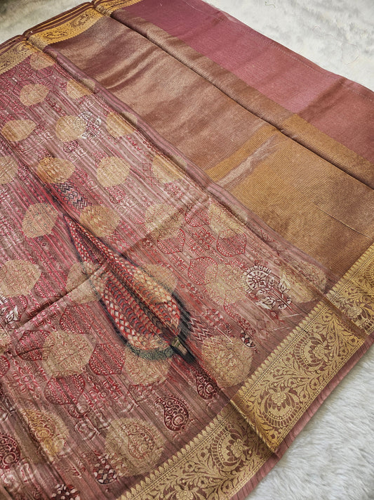 Banarasi Dusty Rose Printed Cotton Silk Saree with Ethnic Motif Print & Gold Zari Woven Border