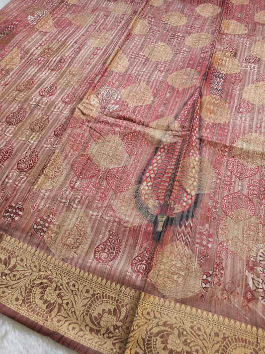 Banarasi Dusty Rose Printed Cotton Silk Saree with Ethnic Motif Print & Gold Zari Woven Border