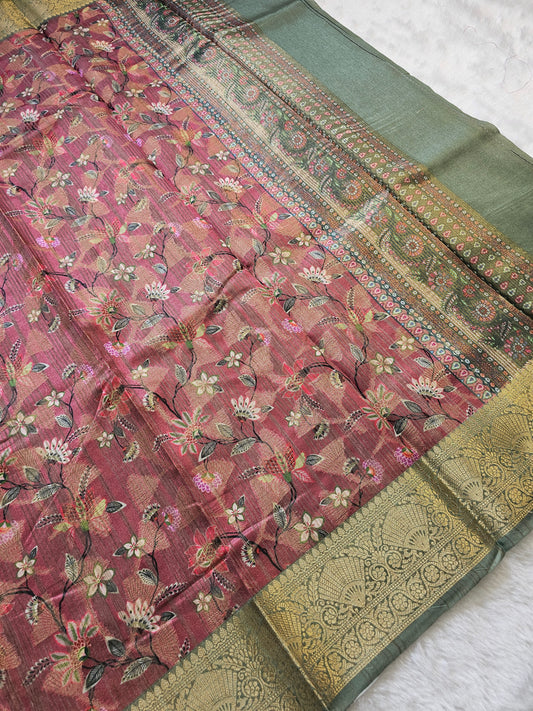 Banarasi Dusty Rose Printed Cotton Silk Saree with Floral Vine Print & Sage Green Pallu