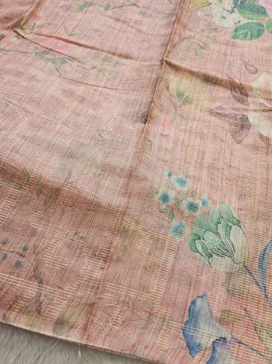 Banarasi Blush Pink Printed Cotton Silk Saree with Pastel Floral Print
