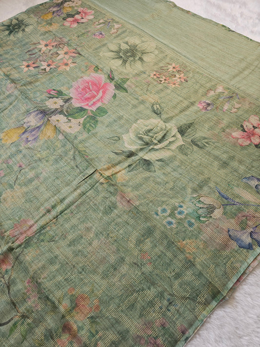 Banarasi Mint Green Printed Cotton Silk Saree with Pastel Floral Print