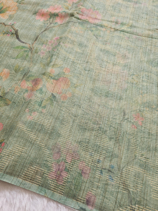 Banarasi Mint Green Printed Cotton Silk Saree with Pastel Floral Print