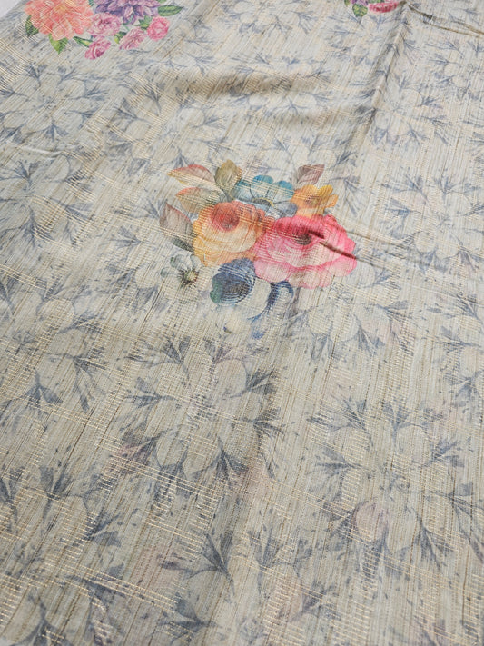 Banarasi Ivory Printed Cotton Silk Saree with Multicolor Floral Print