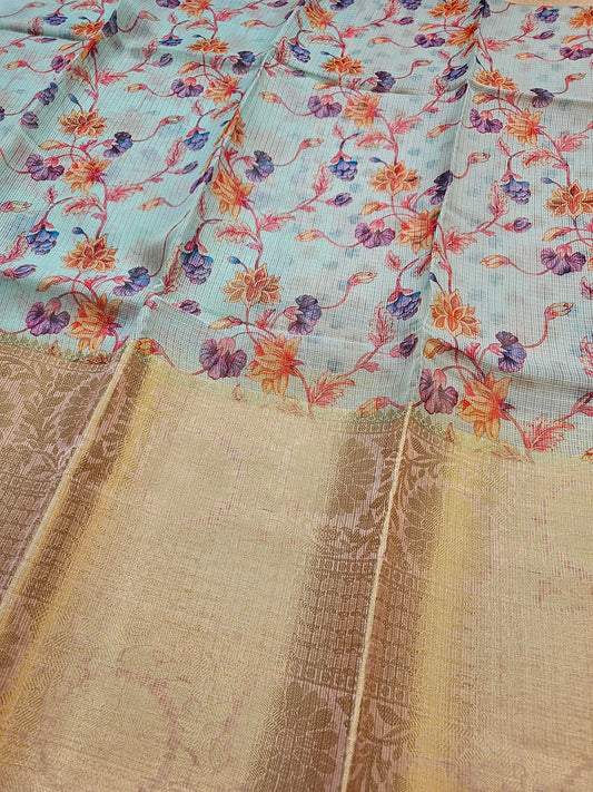 Banarasi Sky Blue Printed Kota Silk Saree with Floral Print & Rich Gold Zari Border
