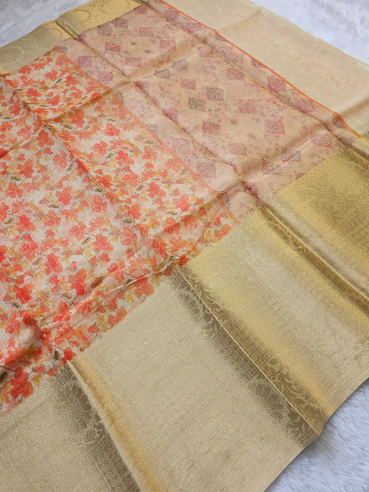 Banarasi Sky Blue Printed Kota Silk Saree with Floral Print & Gold Zari Border