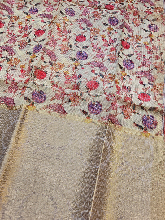 Banarasi Cream Printed Kota Silk Saree with Floral Print & Gold Zari Border