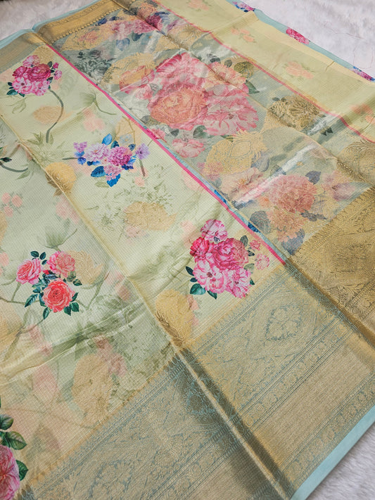 Banarasi Pastel Yellow Printed Kota Silk Saree with Floral Print & Gold Zari Border