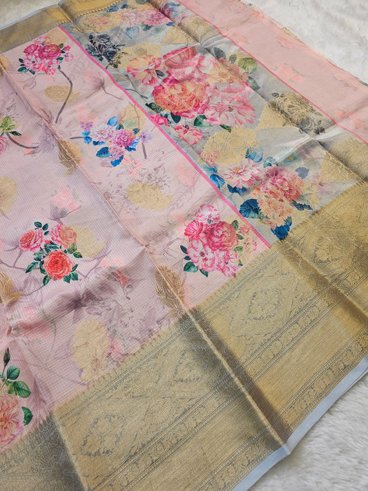 Banarasi Blush Pink Printed Kota Silk Saree with Floral Digital Print & Rich Gold Zari Border
