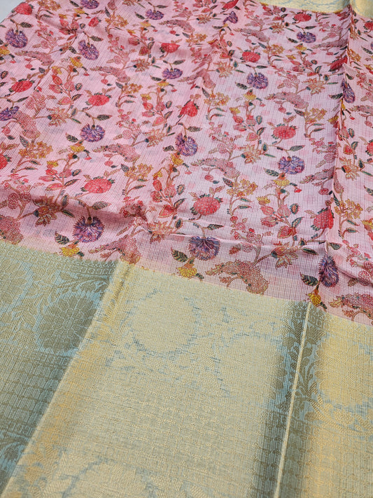 Banarasi Blush Pink Printed Kota Silk Saree with Floral Vine Design & Gold Zari Border