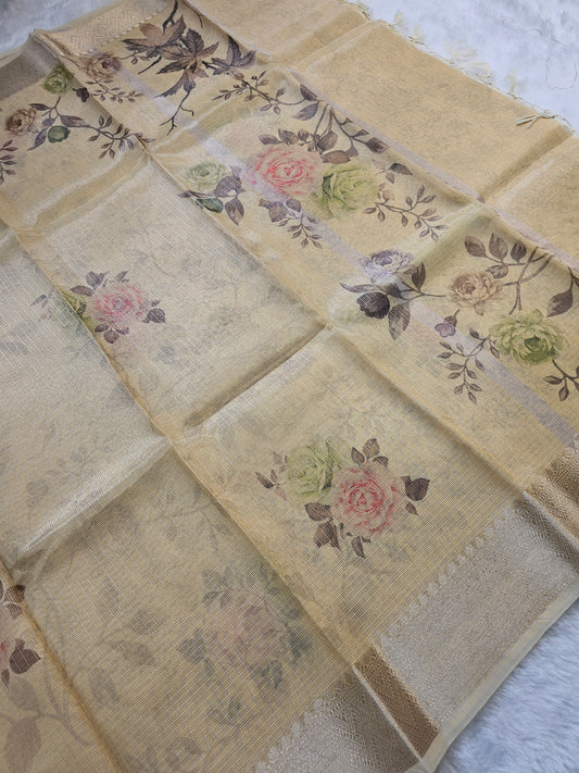 Banarasi Ivory Yellow Printed Tissue Silk Saree with Pastel Floral Print & Gold Zari Border