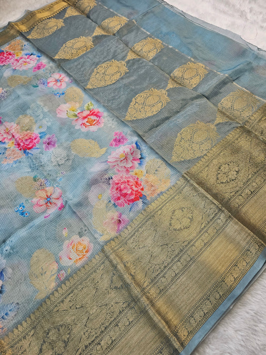 Banarasi Sky Blue Printed Organza Silk Saree with Floral Digital Print & Gold Zari Border